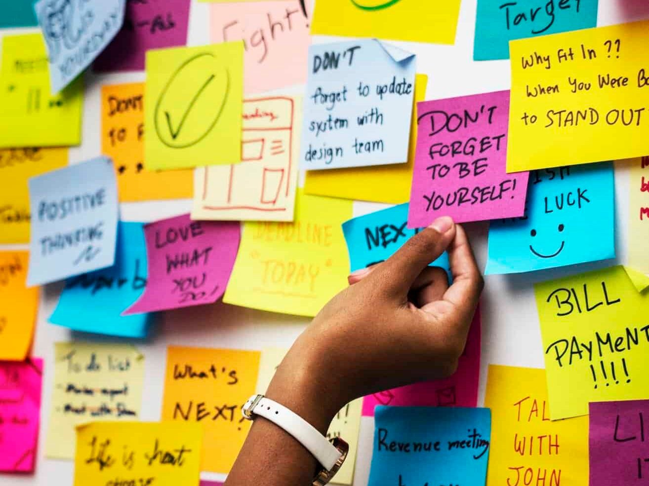 Sticky notes on an office wall