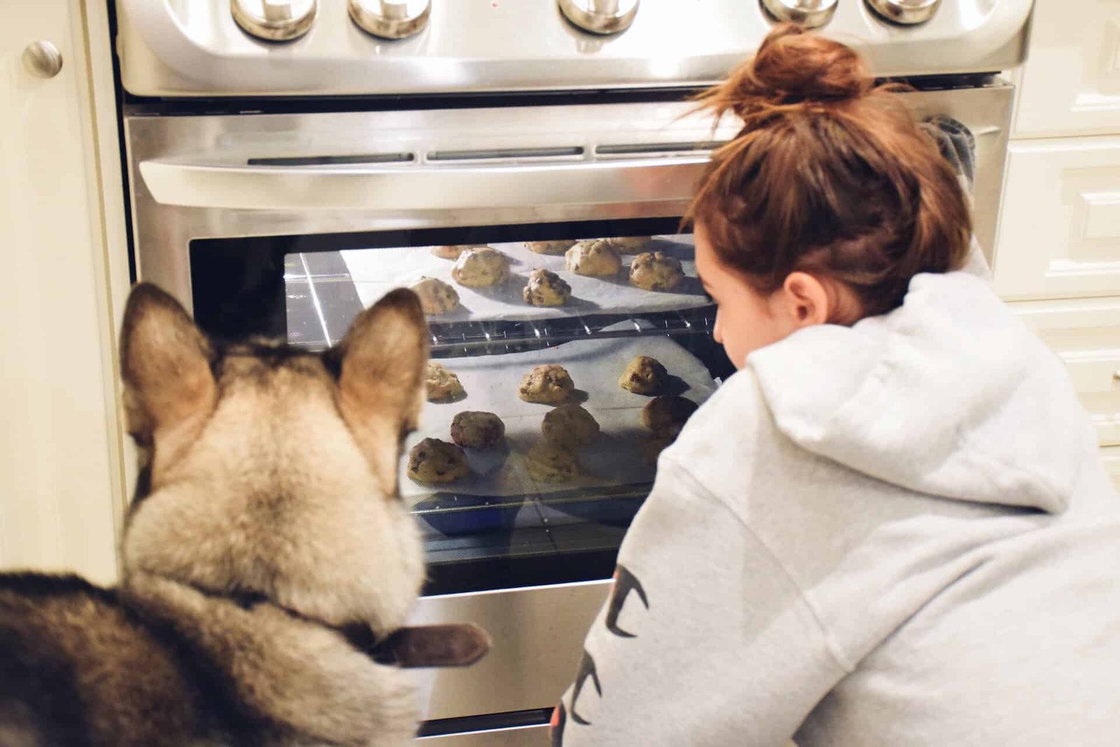 A teenage girl and a dog watching cookies baking in an oven