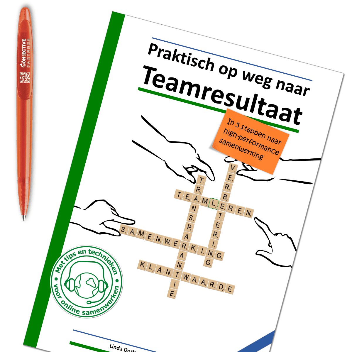 Book on teamwork and collaboration with pen and hand graphics.