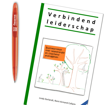 Verbindend leiderschap – front cover met pen 1200px Book on leadership and coaching beside an orange pen.
